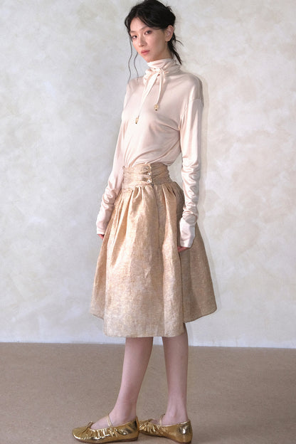 Tencel Linen Silk Jacquard Pleated Skirt