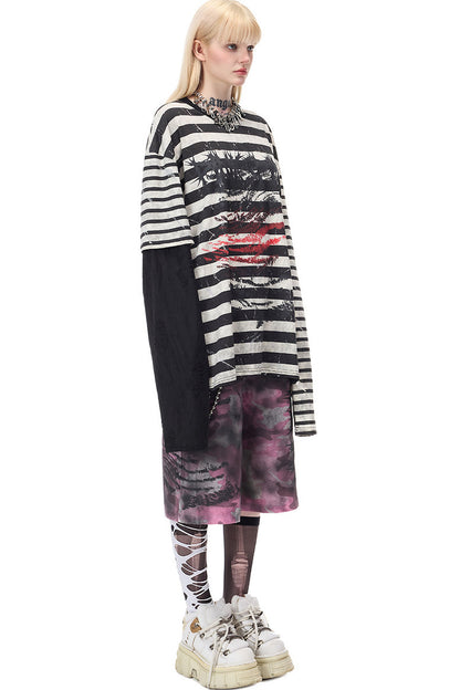 Punk Burnt Floral Cut-Out Striped Raglan Blouse