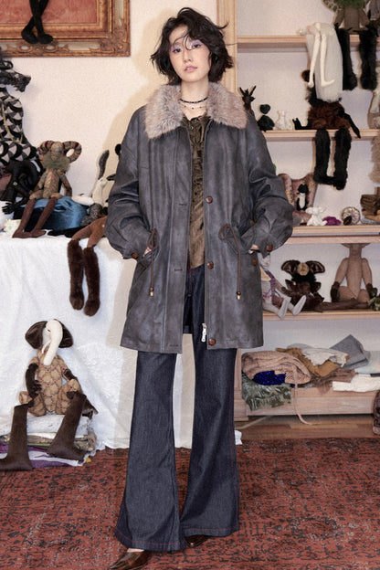 Fleece-Lined Detachable Fur Collar Leather Jacket