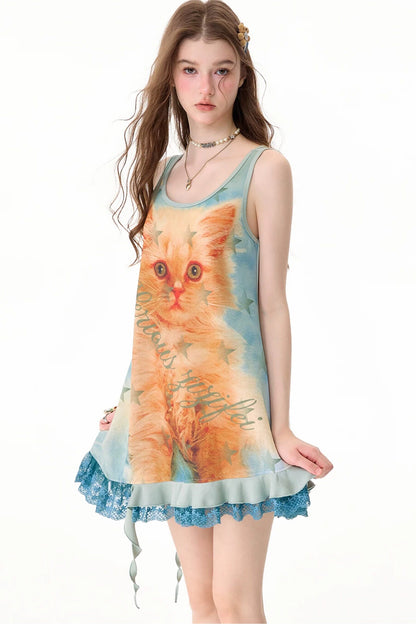 Robe chasuble à imprimé chat et bordure en dentelle