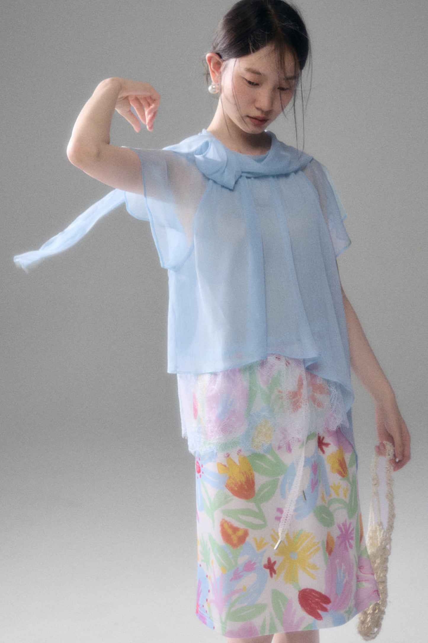 Sheer Blue Lace Ribbon Short Sleeve Top
