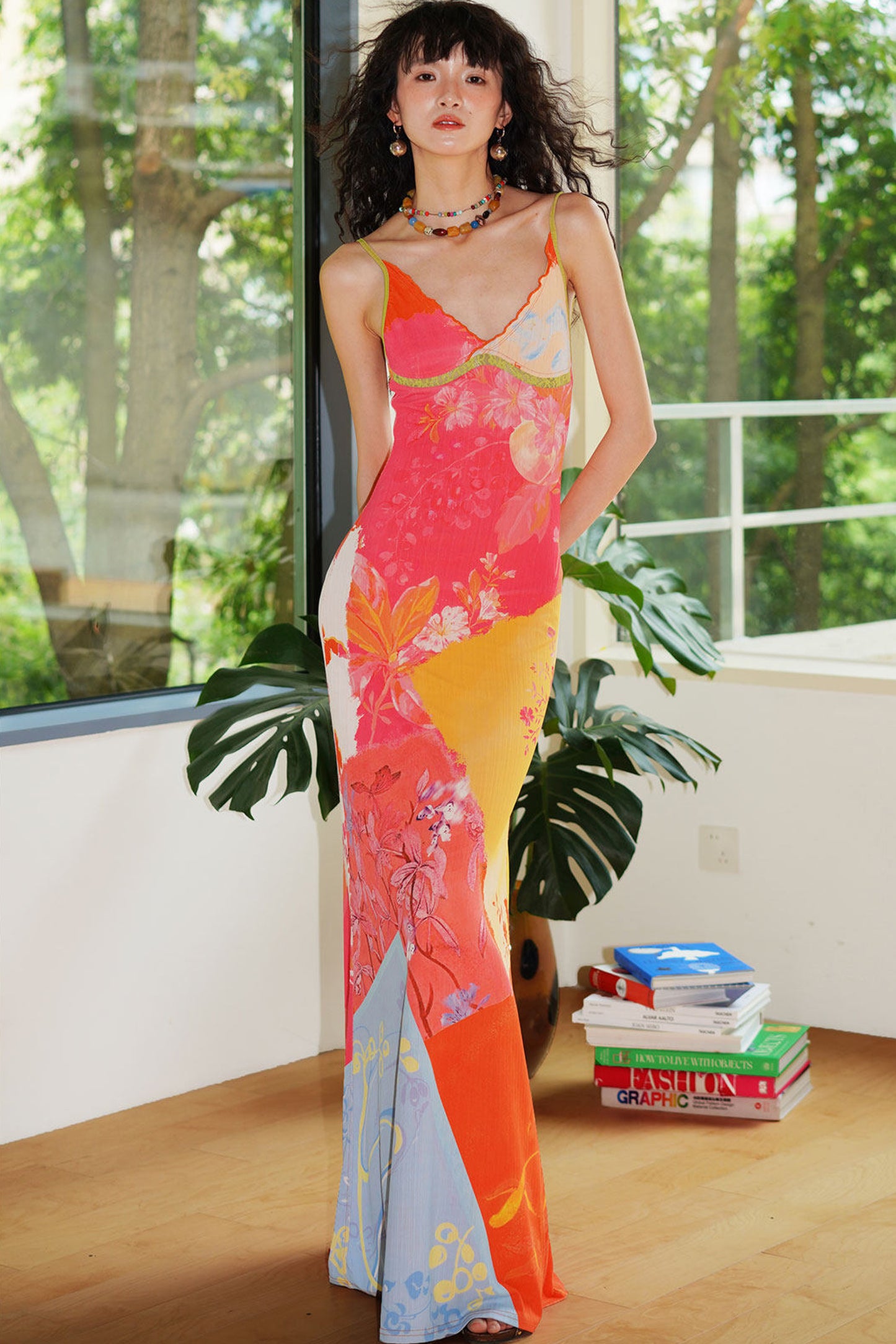 Chinese Print Lace Slip Dress