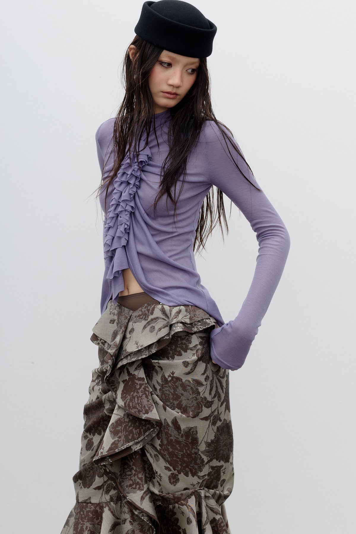 Pleated Ruffle Tassel Lace Long-Sleeved T-Shirt