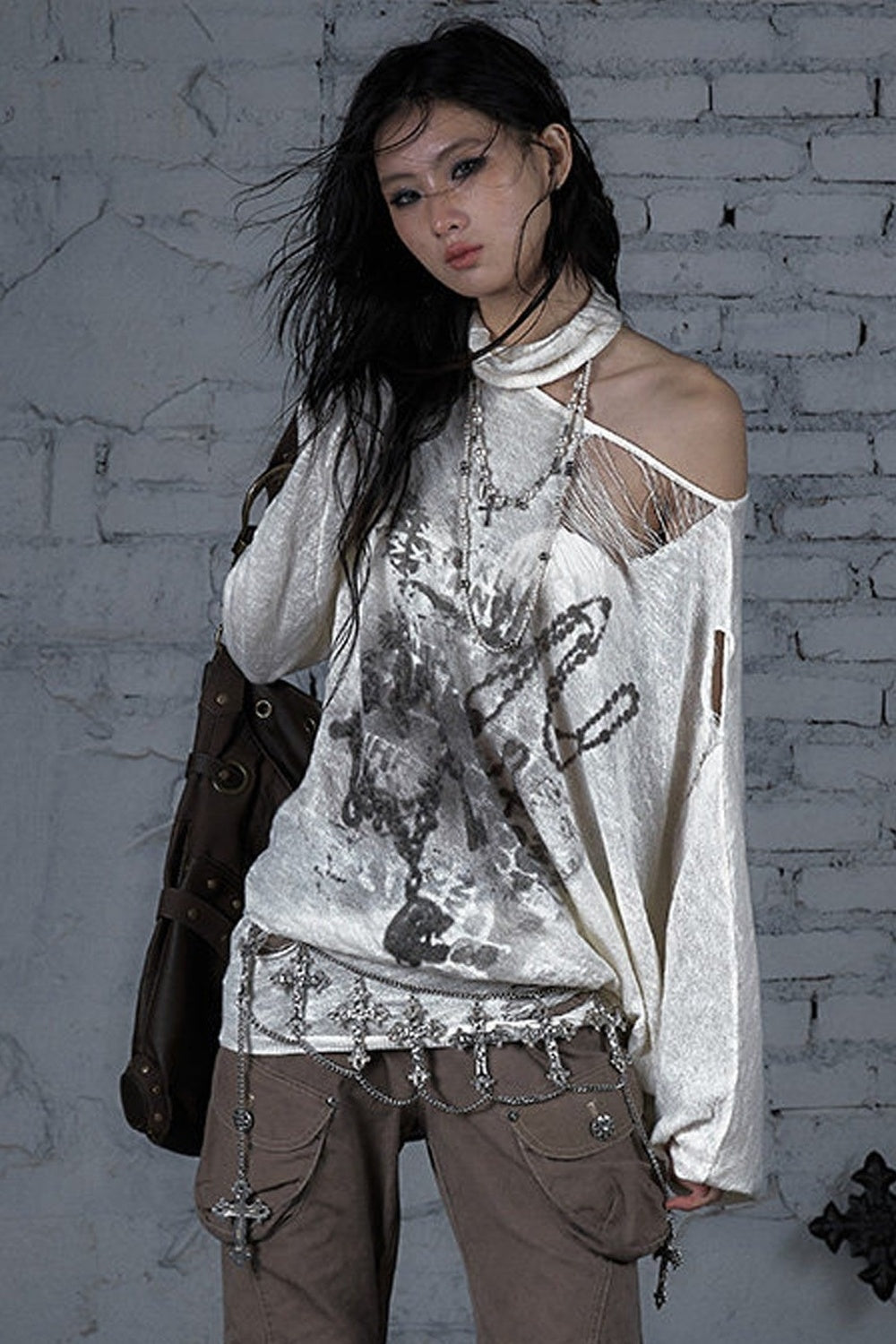 Ripped Off-Shoulder Punk Print Knit Top