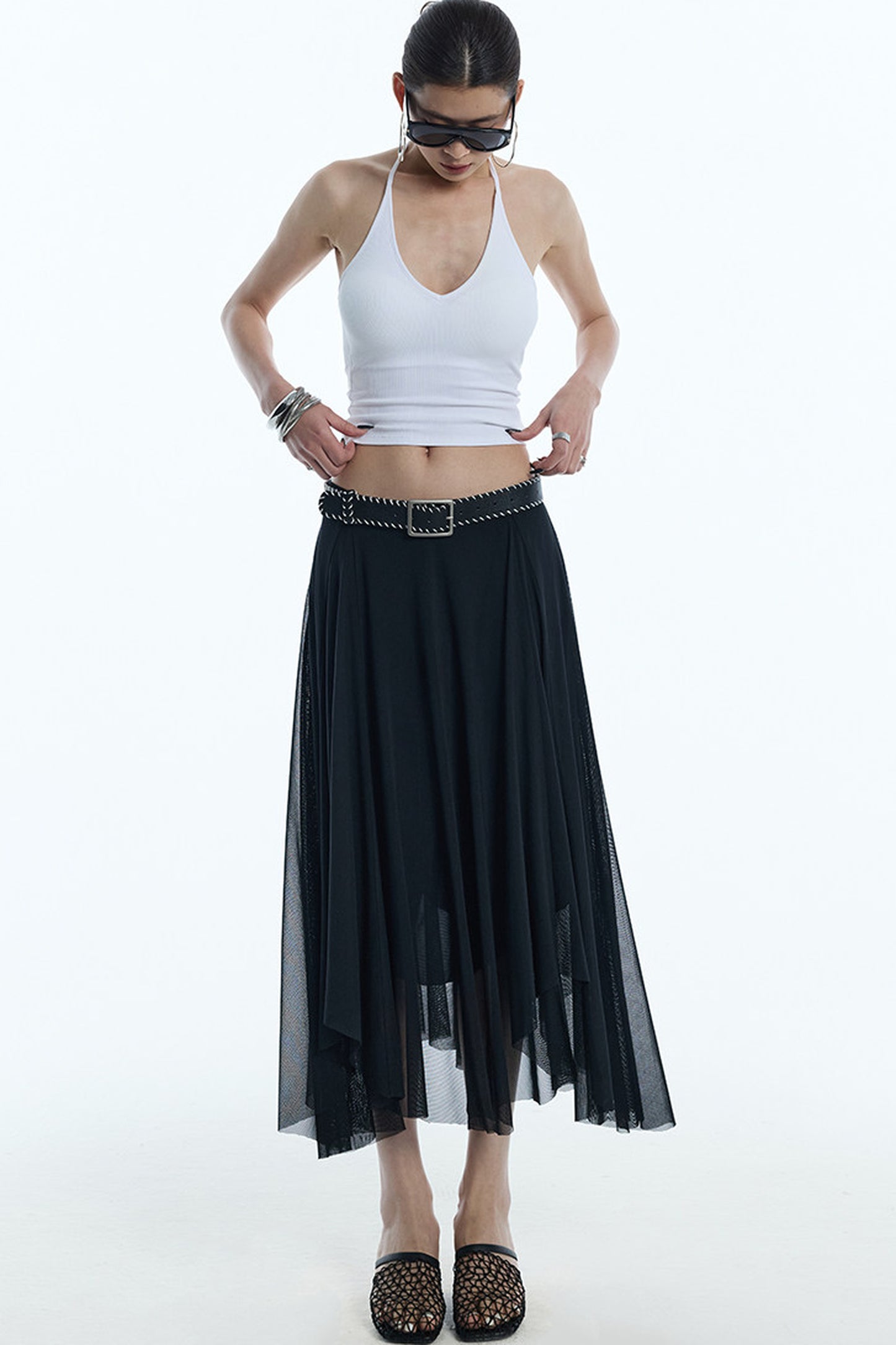 Asymmetrical Hem Mesh Skirt