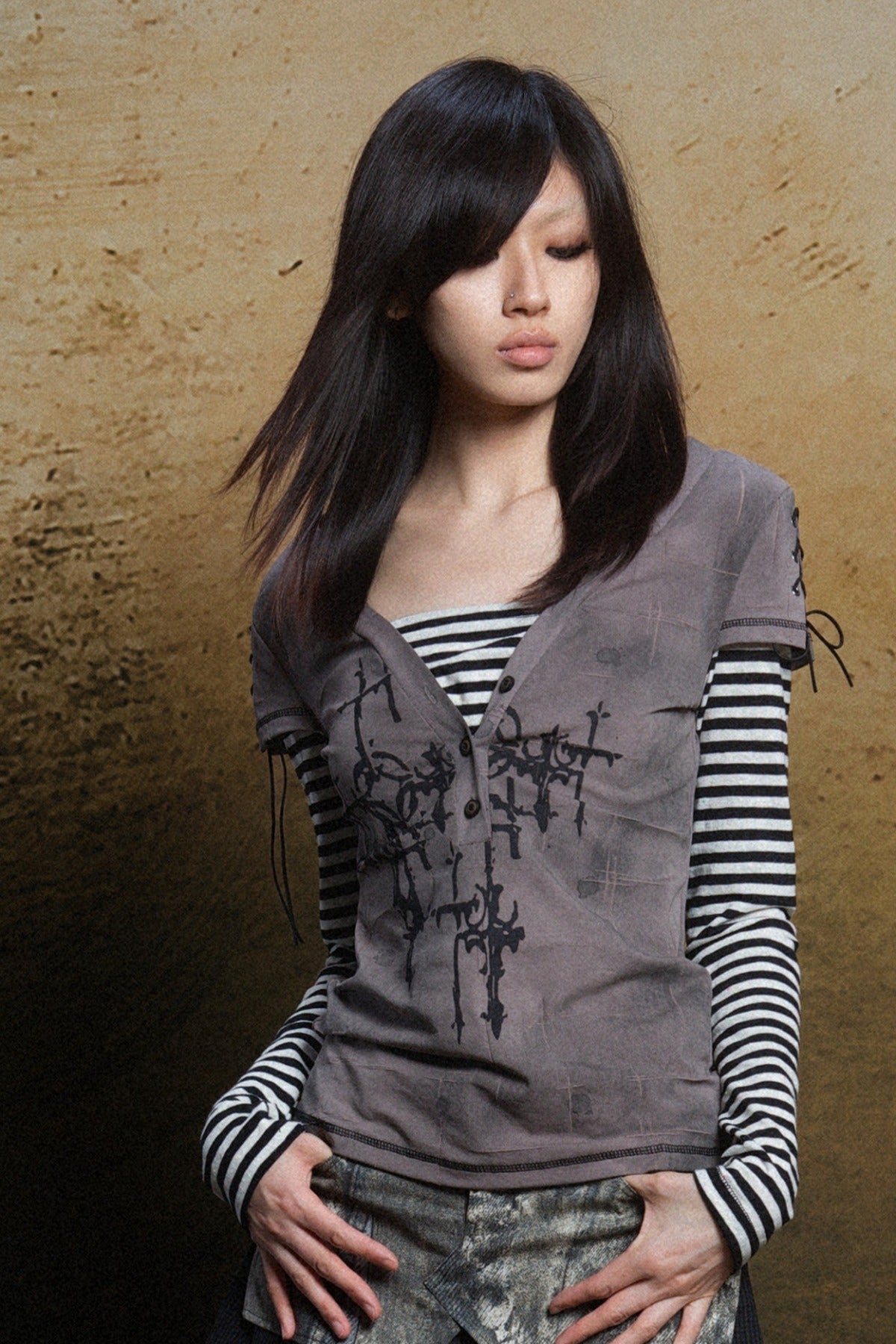 Cross Print Layered-Look V-Neck T-Shirt