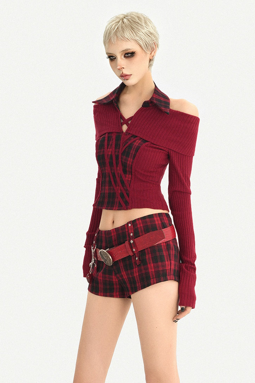 Red Plaid Low-Waisted Shorts