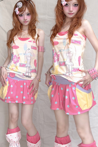 Peach Pink Polka Dot Large Button Low-Waist Skirt