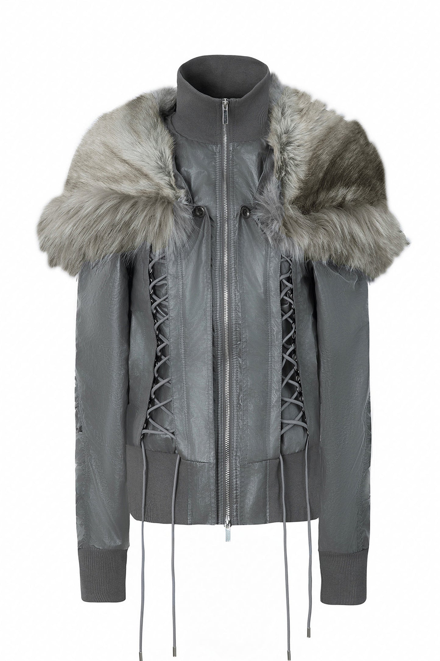 Lace-Up Fur Shawl Parka Jacket