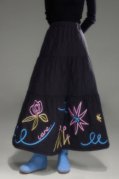 Floral Embroidered Quilted A-Line Tiered Skirt