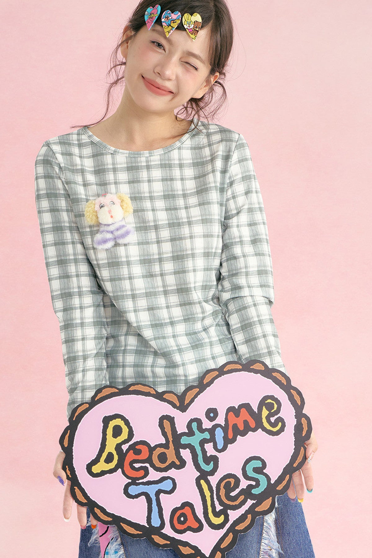 Plaid Bear Print Long Sleeve Top