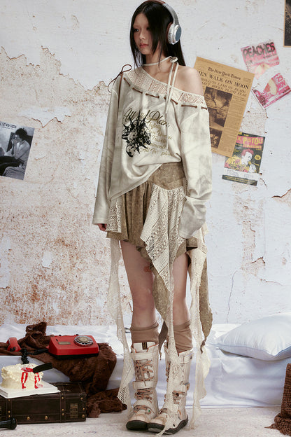 Tie-Dye Denim Ruffle Mesh Ribbon Skirt