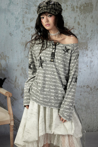 Striped Off-Shoulder Long-Sleeve T-Shirt