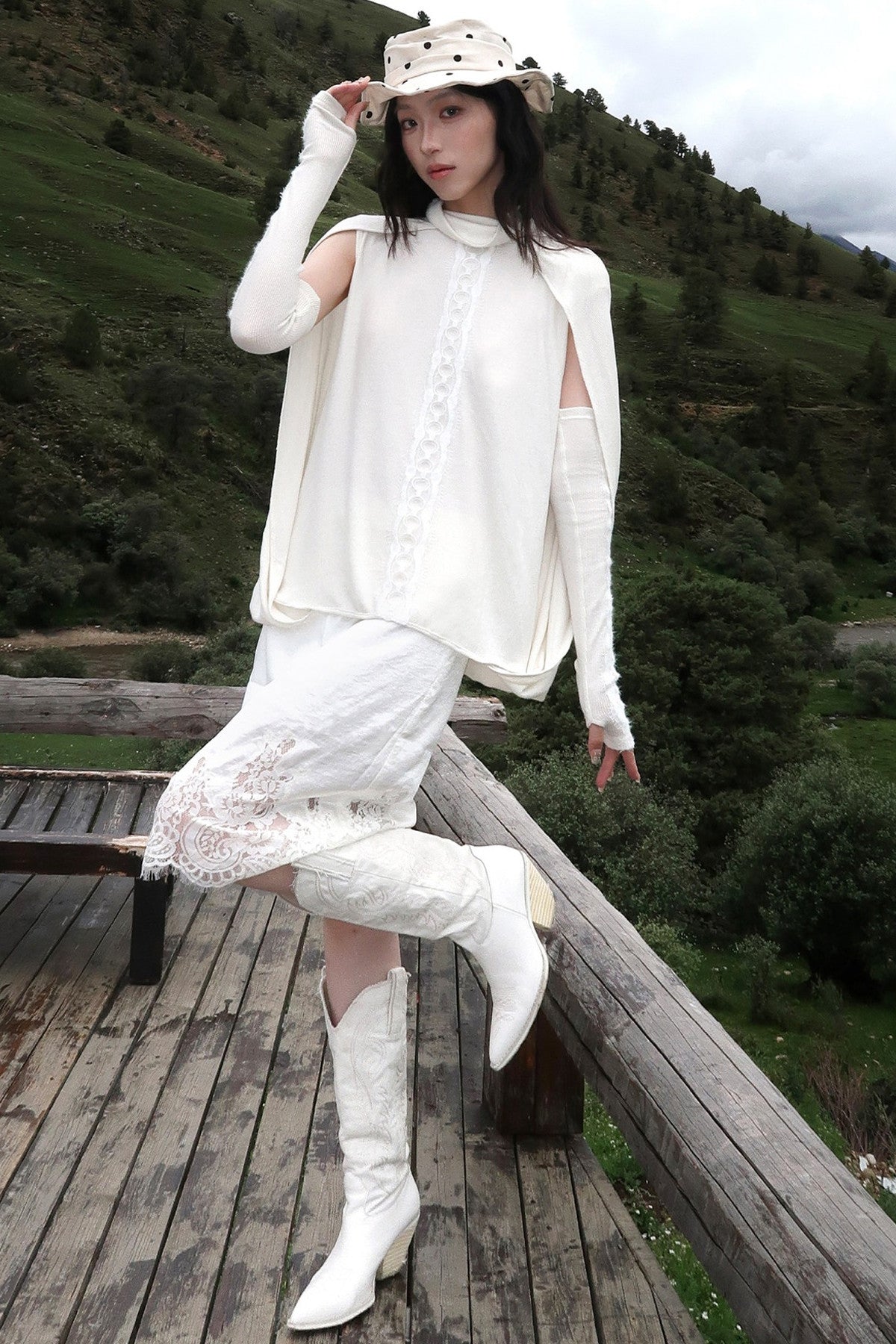 Lace Patchwork Cape Knit Top