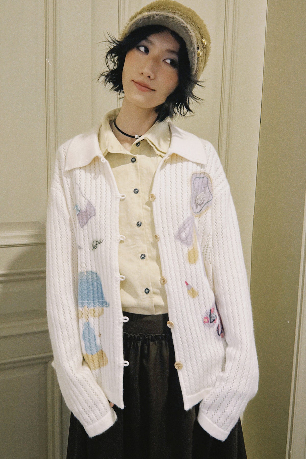 Perforated Long-Sleeved Vertical Stripe Printed Knit Set-Up
