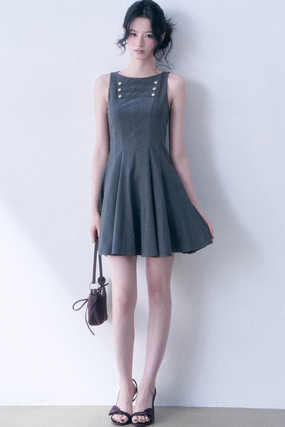 Decorative Button Sleeveless Flared Dress