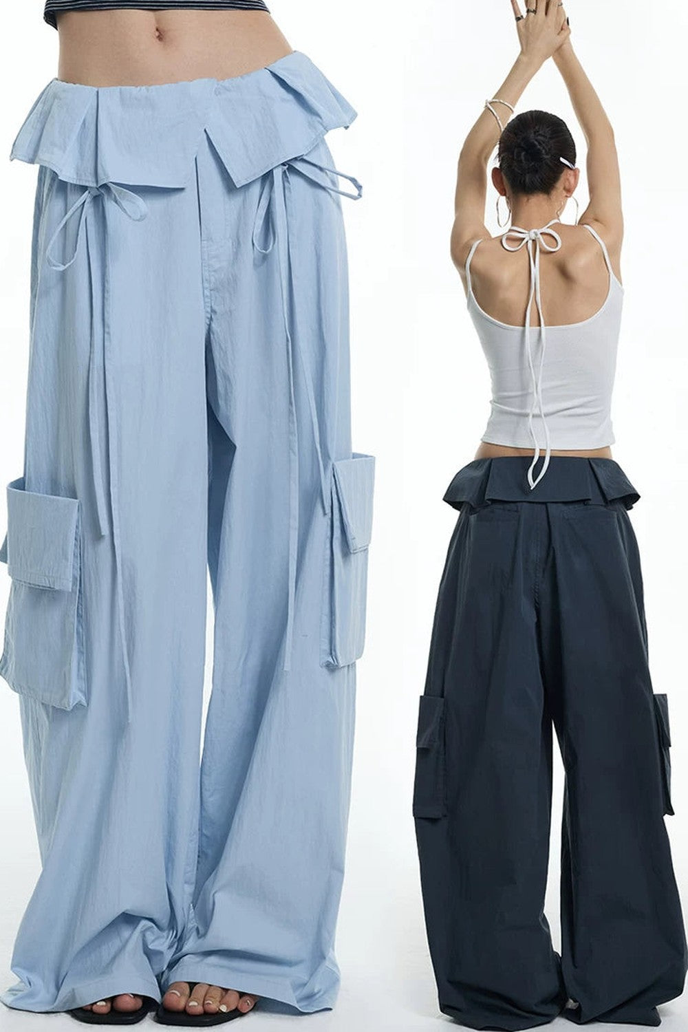 Ruffled Glacier Blue Wide-Leg Pants