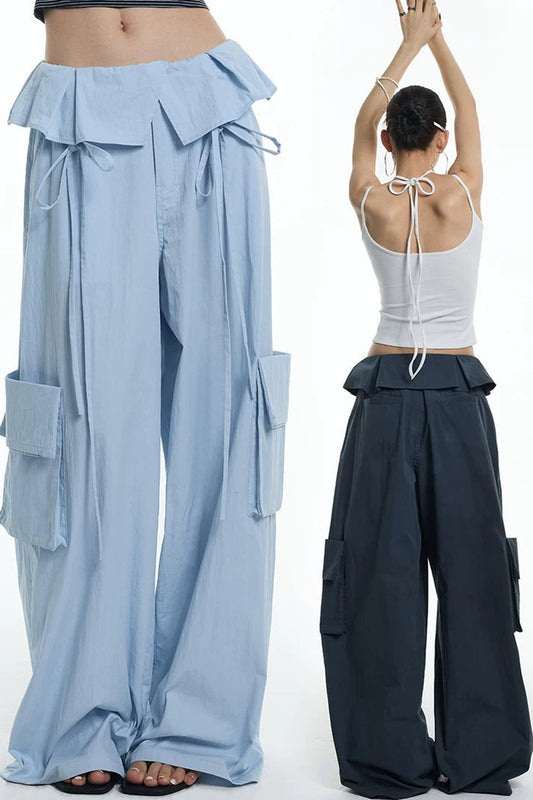Ruffled Glacier Blue Wide-Leg Pants