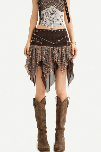 Western Sequin Asymmetrical Mini Skirt