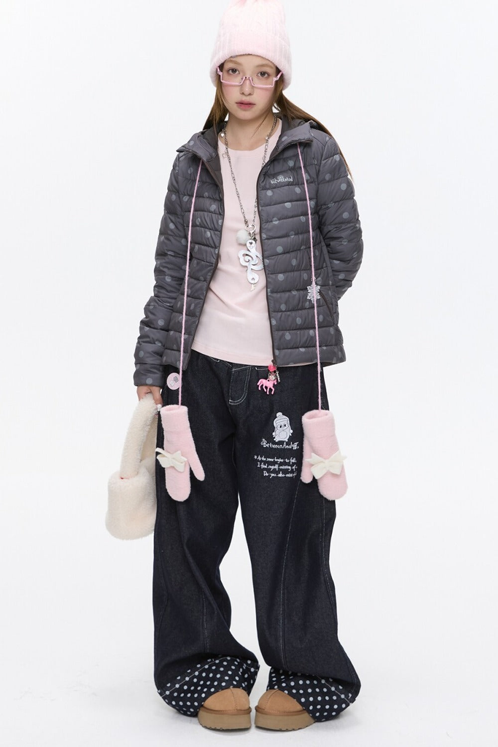 Hooded Ribbed Polka Dot Down Jacket