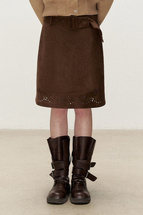 Retro Suede Embroidered Floral Midi Skirt