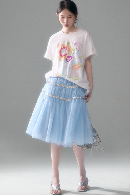 Pearlescent Mesh Sequin A-Line Skirt