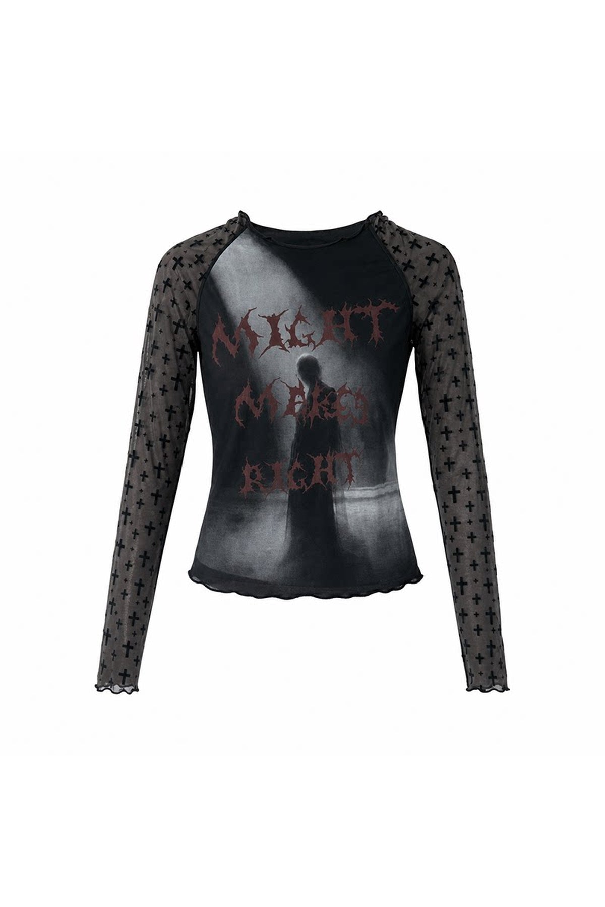 Letter Print Long-Sleeve Mesh Top