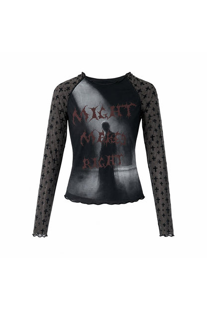 Letter Print Long-Sleeve Mesh Top