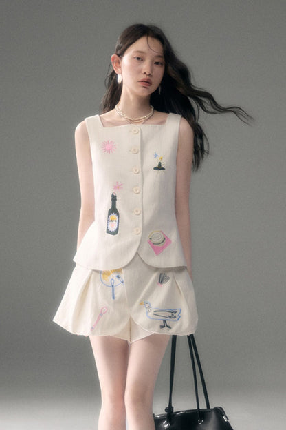 Ear Detail Tencel Cotton Embroidered Vest and Shorts Set-Up