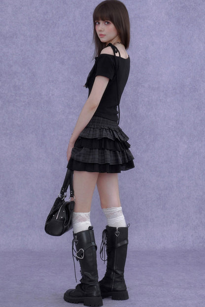 Plaid Tiered Waist-Cinching Skirt