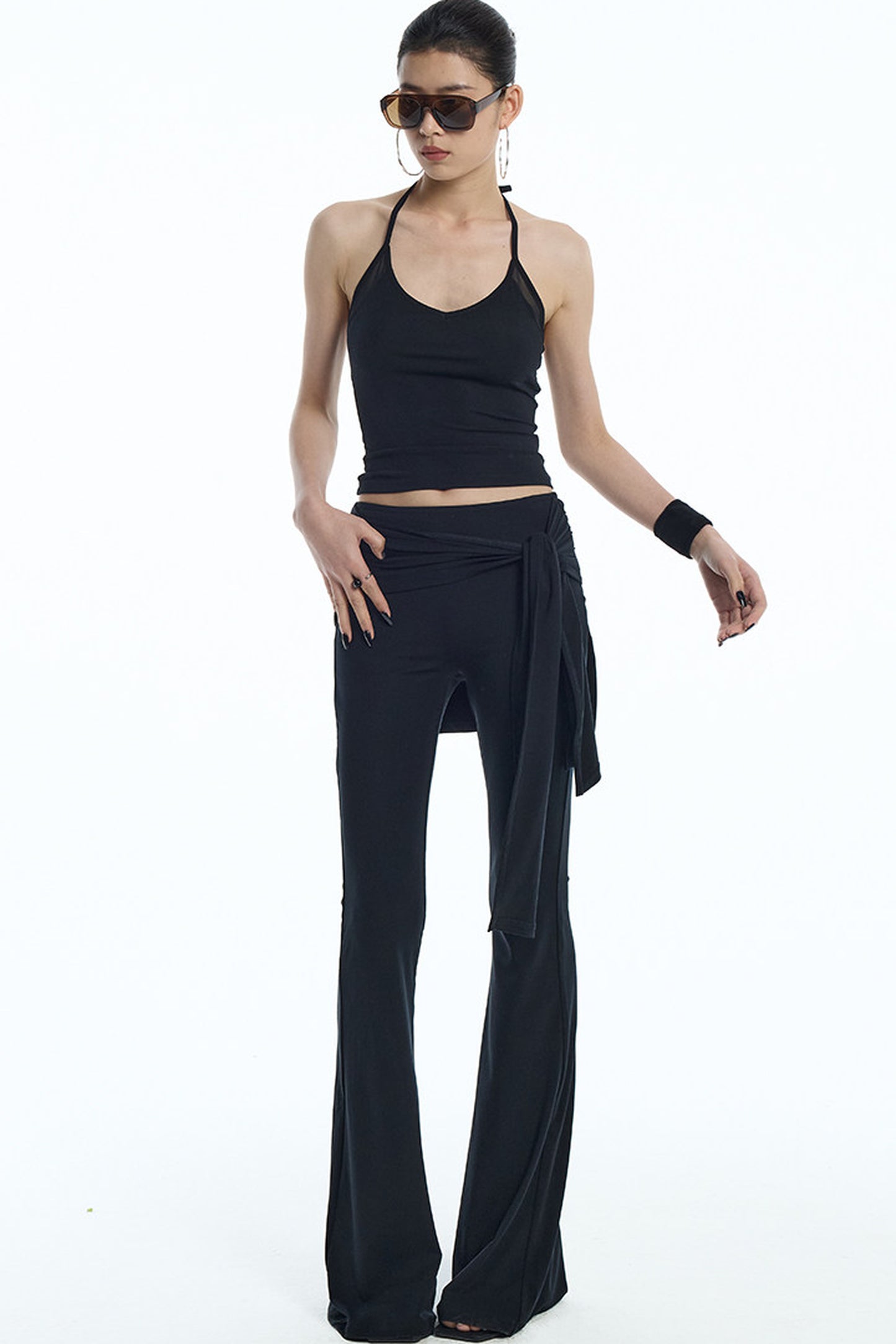 Black Mesh Halter Top And Flared Yoga Pants Set-Up