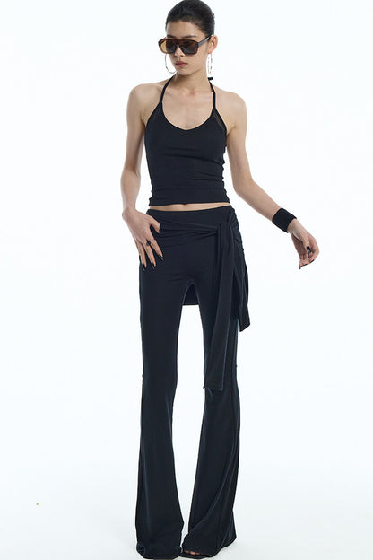 Black Mesh Halter Top And Flared Yoga Pants Set-Up