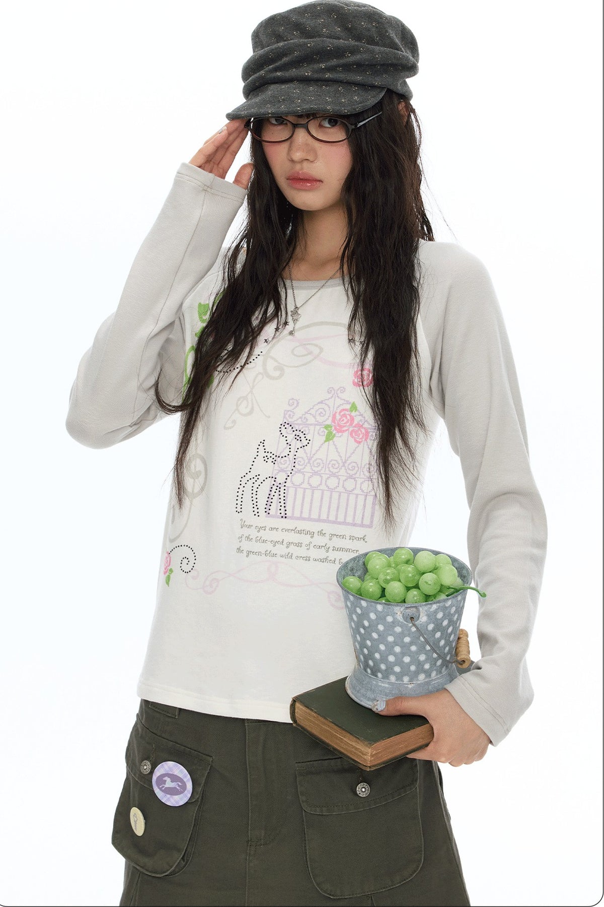 Deer Rose Print Long Sleeve Raglan Tee