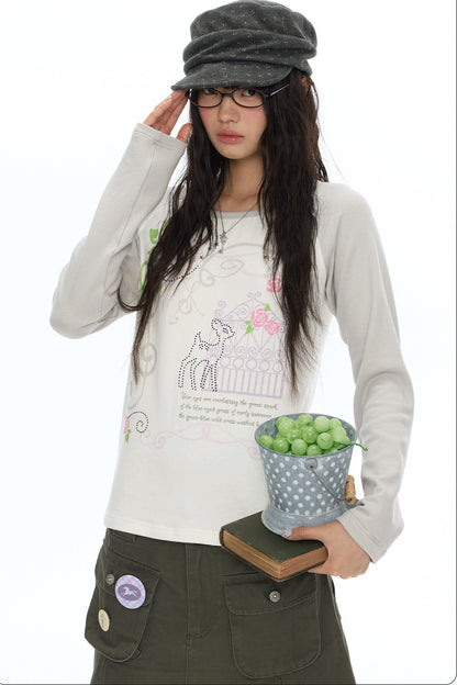 Deer Rose Print Long Sleeve Raglan Tee
