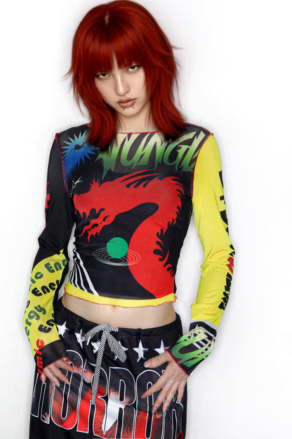 Y2K Graphic Long Sleeve Mesh Top