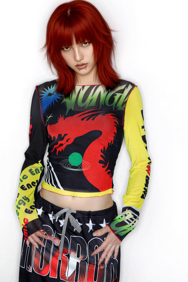 Y2K Graphic Long Sleeve Mesh Top
