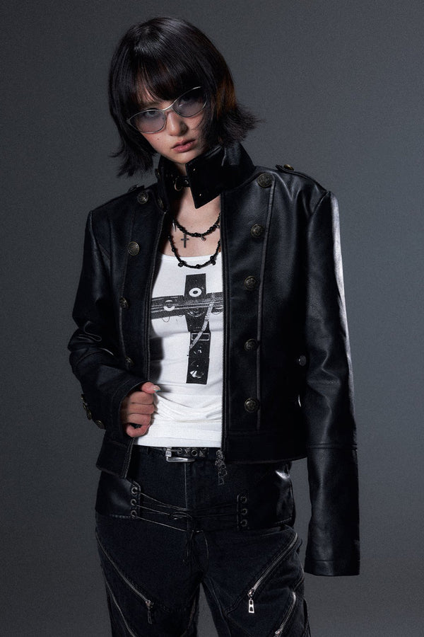 Punk Distressed Double-Breasted Leather Jacket
