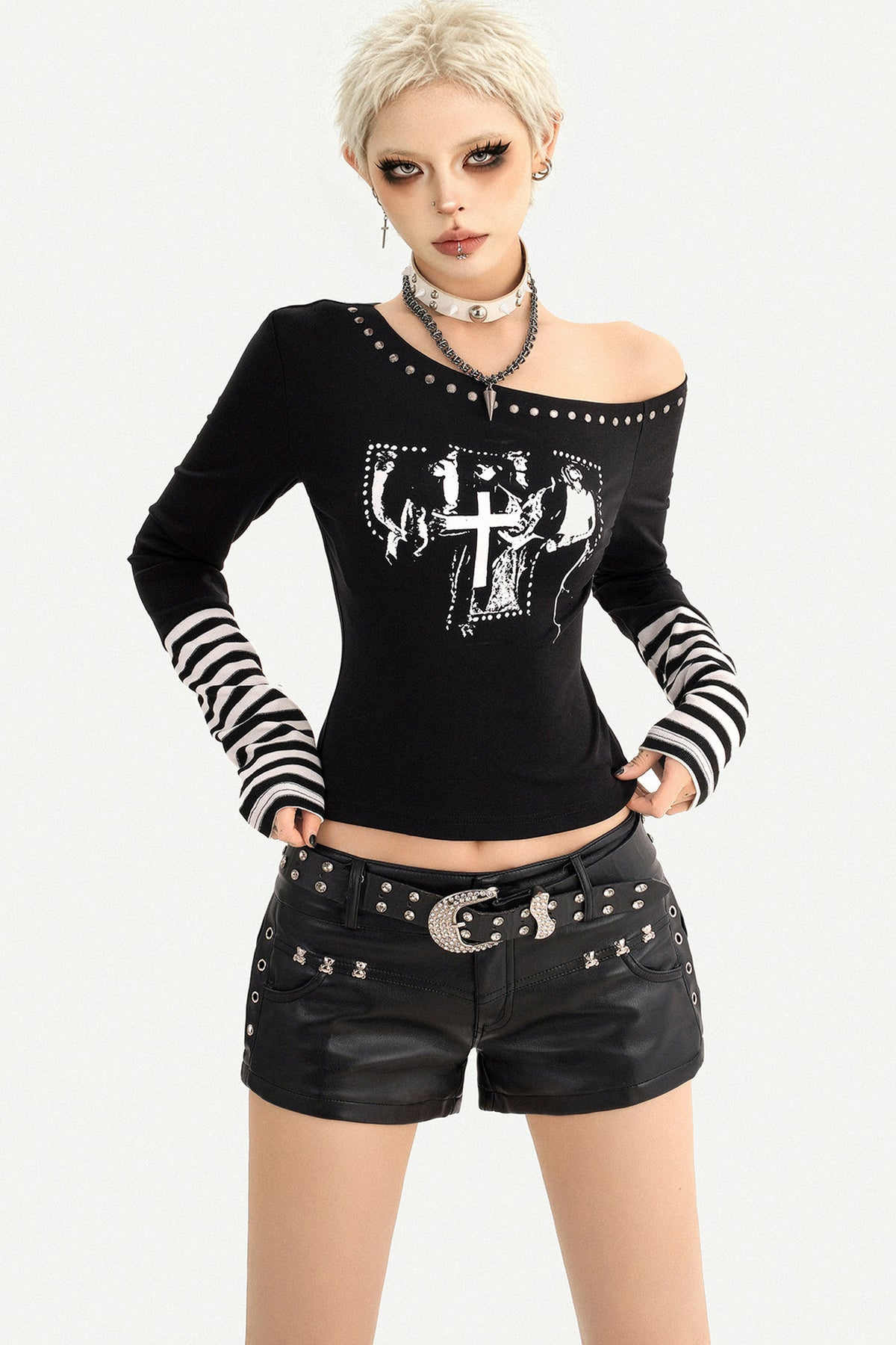 Off-Shoulder Letter Print Long Sleeve T-shirt
