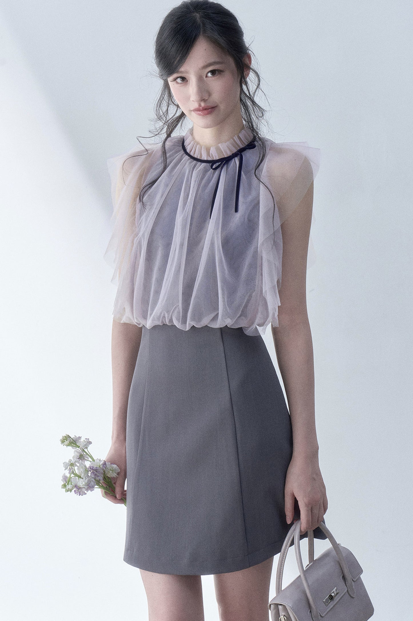 Pleated Mesh Flutter Sleeve Layered-Look Dress