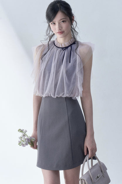 Pleated Mesh Flutter Sleeve Layered-Look Dress
