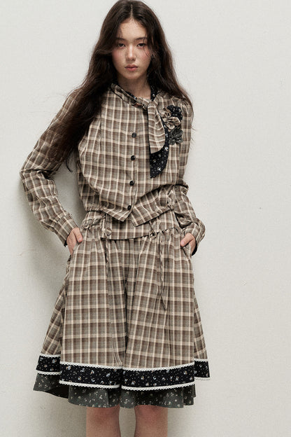 Plaid Contrast Ribbon Shirt and Skirt Set-Up