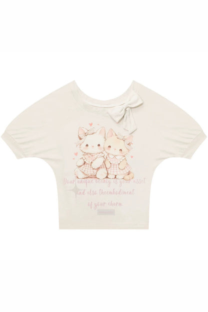 Playful Cat Print Bow Top