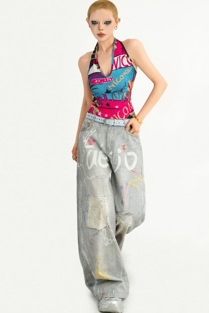 Graffiti Halter Backless Top