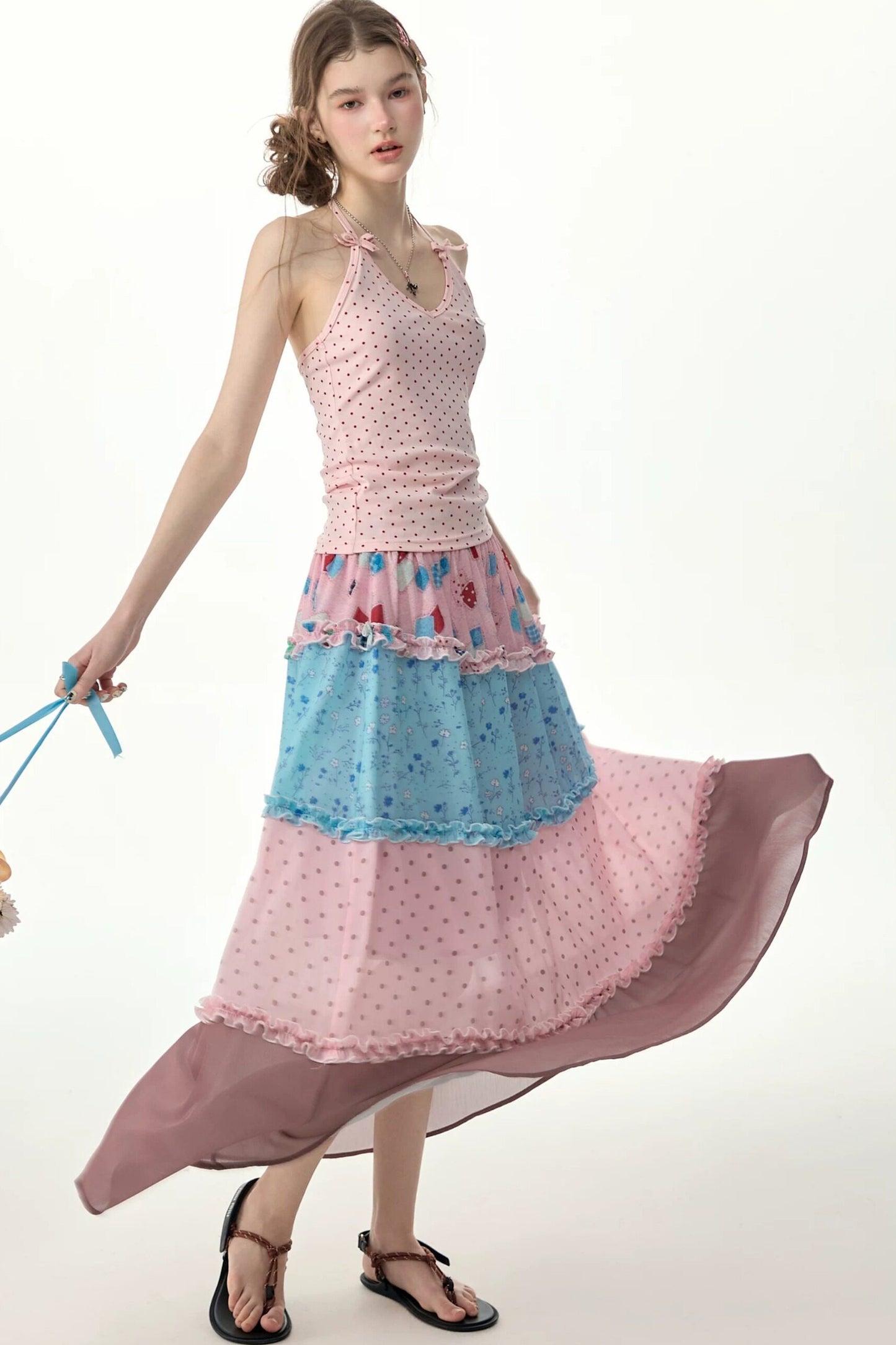 Pink Floral Polka Dot Tiered Maxi Skirt