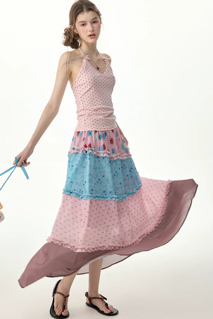 Pink Floral Polka Dot Tiered Maxi Skirt