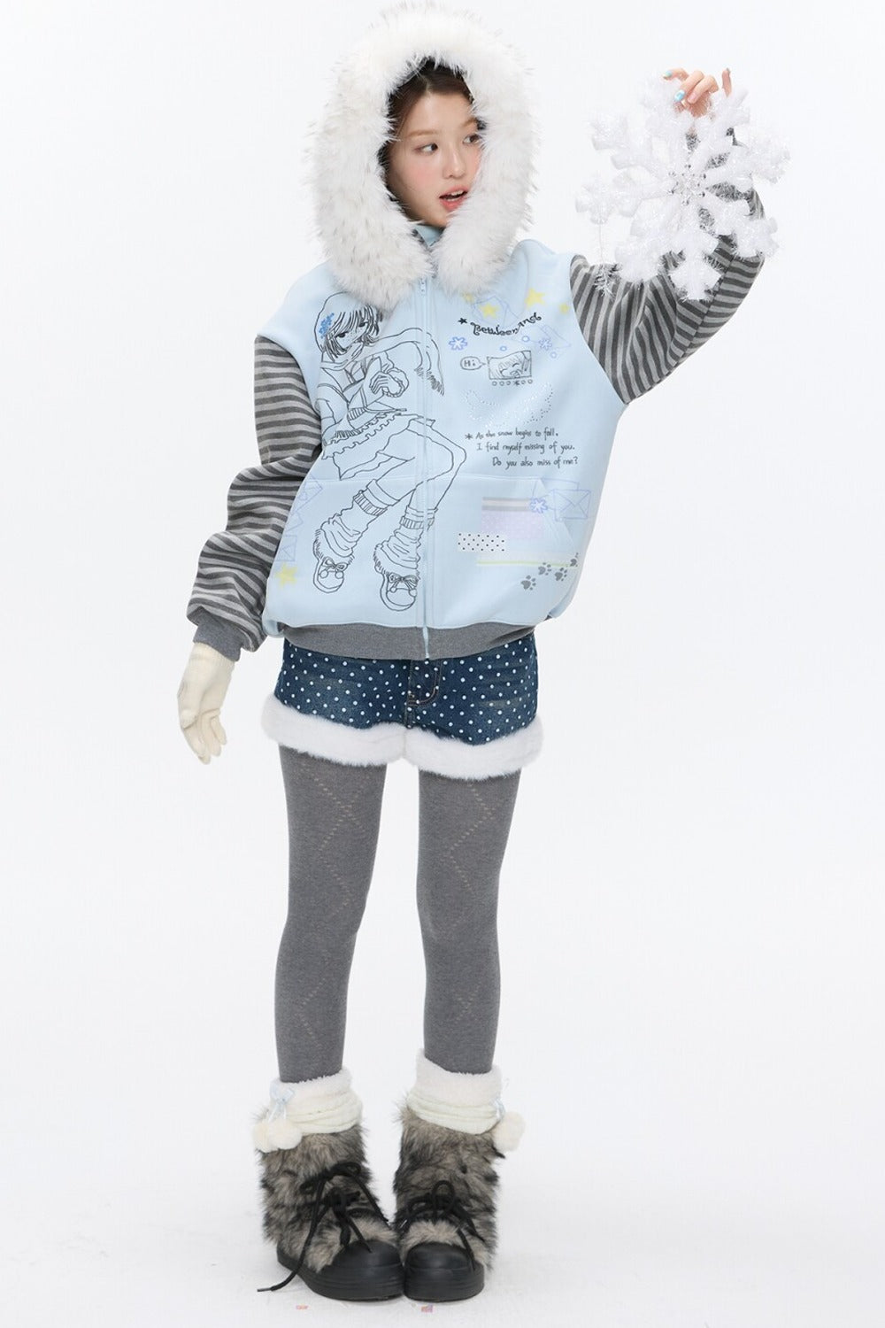 Striped Raglan Fur Collar Jacket