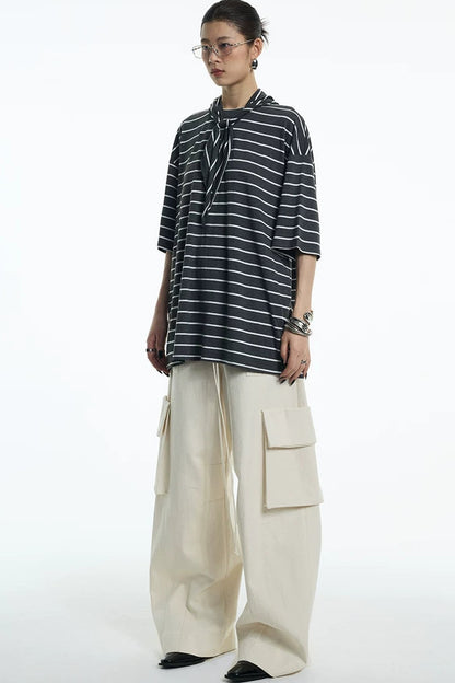 Oversize Gray White Striped Mid-Sleeve Tee