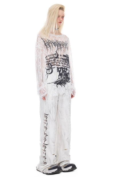 Loose Ripped Lace Cat Print Tee
