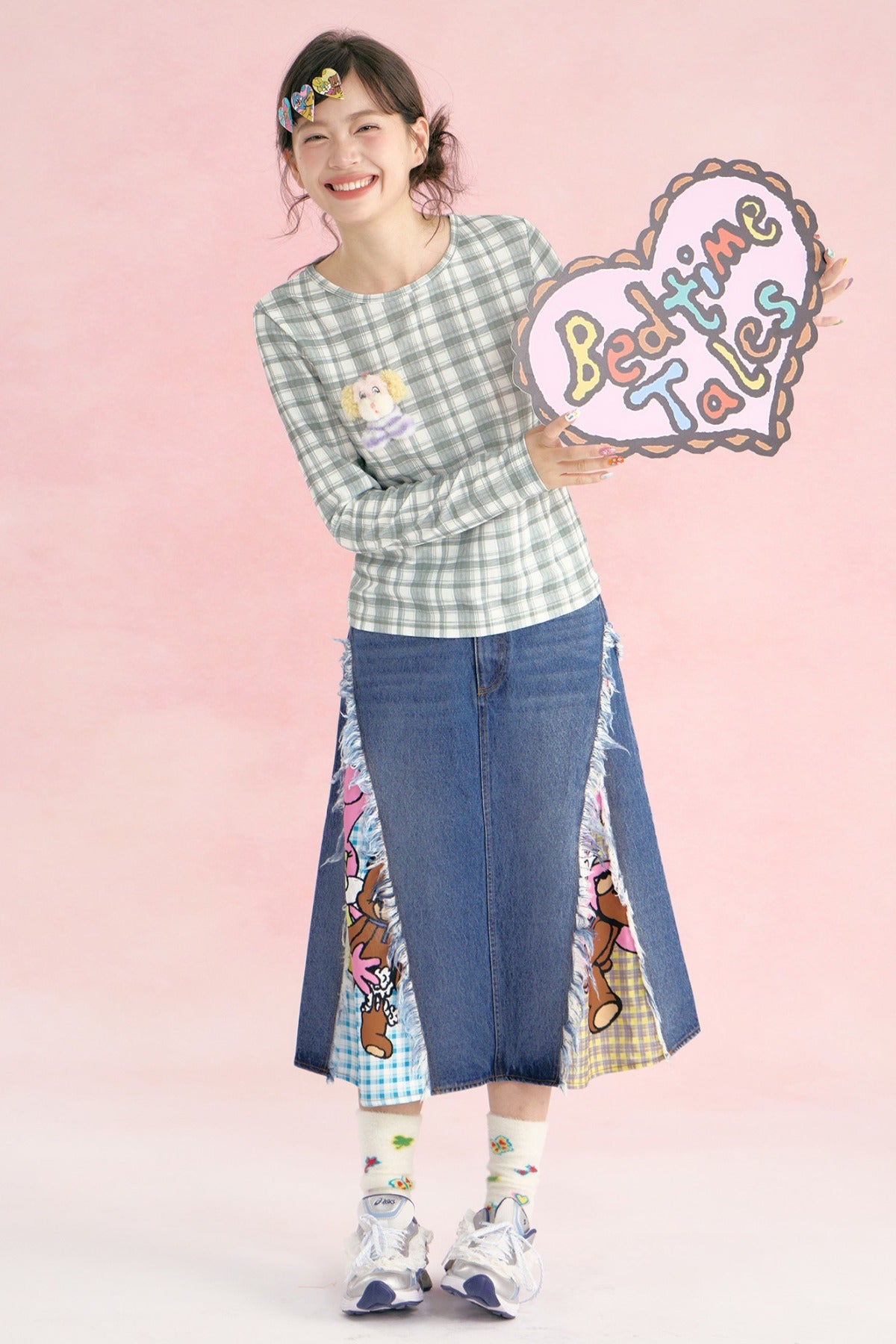 Patchwork Denim Plaid Heart Fringe Skirt