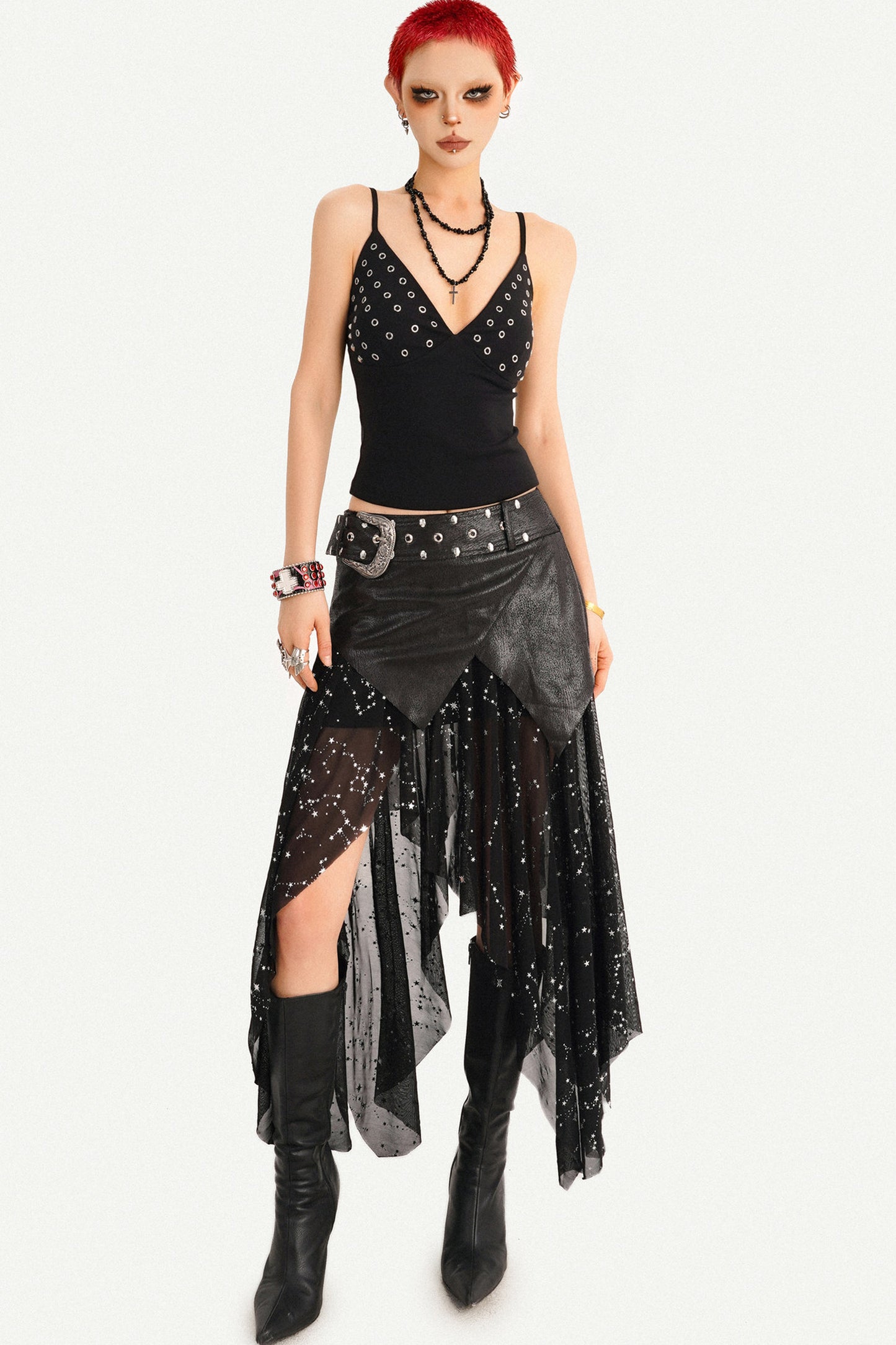 Gothic Mesh Asymmetrical Maxi Skirt Set-Up